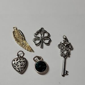 Assorted Metal Charms - Gold  Tone Wing, Silver Tone Key, Clover, Heart & Gem